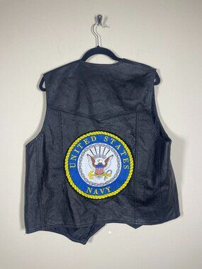 JWM Men's Black Leather Vest with US Navy Patch on Back Small!